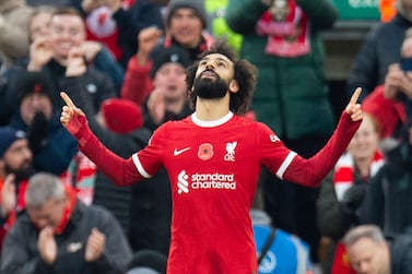 Mohamed Salah of Liverpool celebrates after scoring the 1-0 opening goal during the English Premier League soccer match between Liverpool FC and Brentford FC, in Liverpool, Britain, 12 November 2023.   EPA/PETER POWELL EDITORIAL USE ONLY.  No use with unauthorized audio, video, data, fixture lists, club/league logos or 'live' services.  Online in-match use limited to 120 images, no video emulation.  No use in betting, games or single club/league/player publications. 