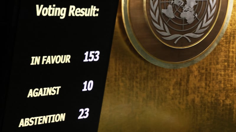 The results of a draft resolution vote calling for a ceasefire at the UN General Assembly. Getty Images