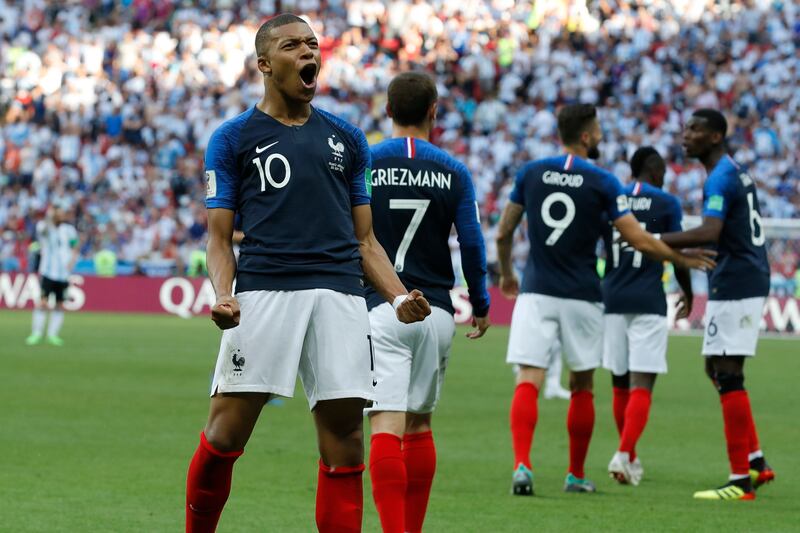 France's Kylian Mbappe celebrates after scoring against Argentina at the 2018 World Cup in Russia. AP