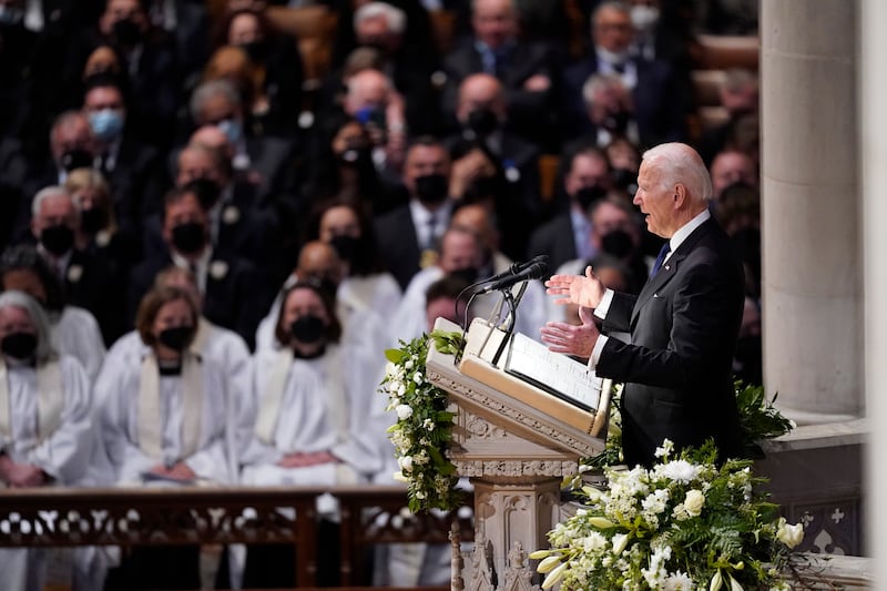 US President Joe Biden speaks during the funeral service for former secretary of state Madeleine Albright at Washington National Cathedral. AP