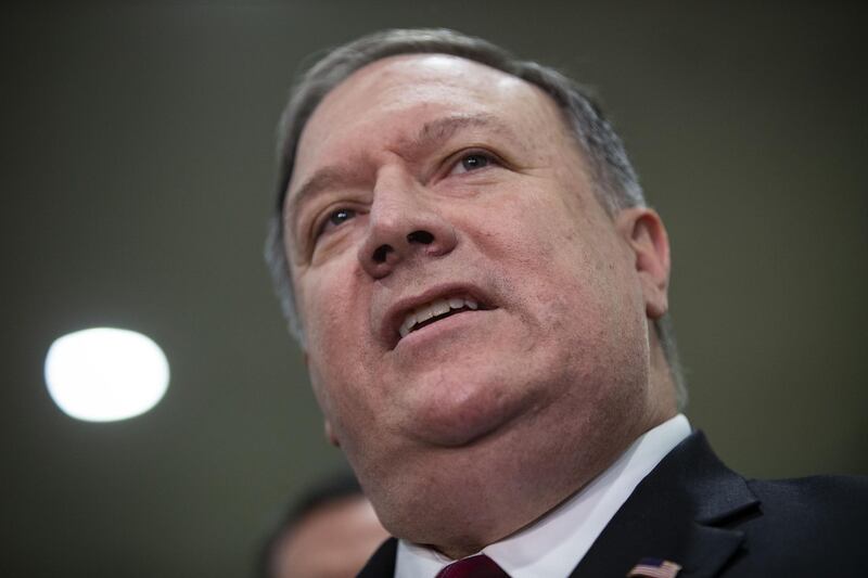 Mike Pompeo, U.S. secretary of state, speaks to members of the media following a briefing on the murder of U.S-based columnist Jamal Khashoggi on Capitol Hill in Washington, D.C., U.S., on Wednesday, Nov. 28, 2018. The briefing is happening ahead of a vote on a measure to invoke the War Powers Resolution to end U.S. support for the Saudi-led military campaign in Yemen. Photographer: Al Drago/Bloomberg