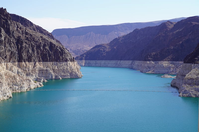 The chalk-white ring on the canyon walls reveals how much the water has dropped in Lake Mead in recent years.