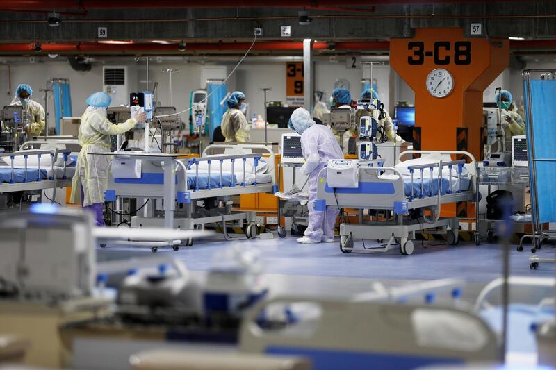 Medical staff are seen in the newly-inaugurated intensive care unit for Covid-19 patients at the Bahrain Defense Force Hospital in Riffa in April, 2020. AFP