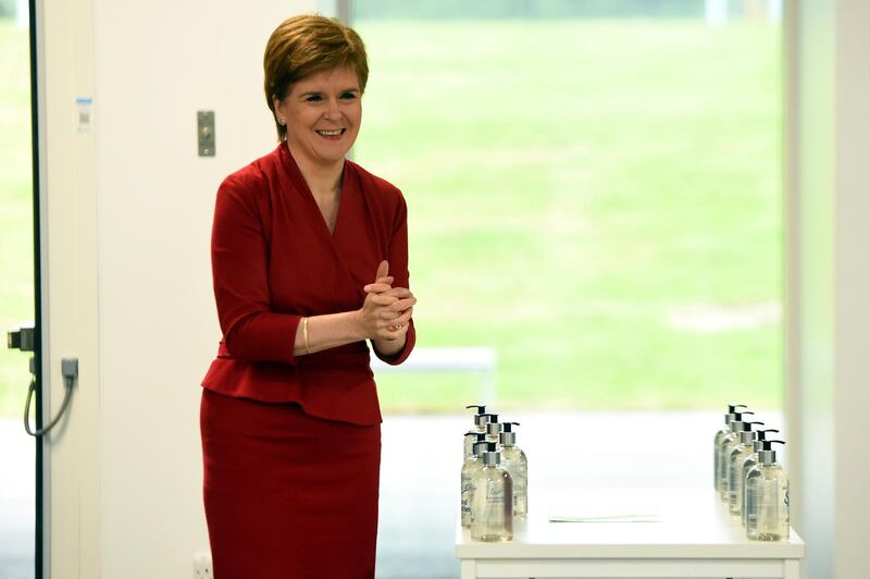 First Minister of Scotland Nicola Sturgeon visits West Calder High School in West Calder, Scotland amid the coronavirus disease (COVID-19) outbreak, in Britain August 10, 2020. Andy Buchanan/Pool via REUTERS