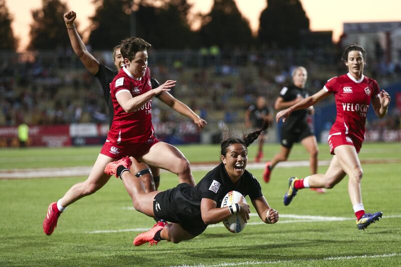 New Zealand's Stacey Fluhle scores a try during their 24-7 win over Canada in the HSBC Sevens final in Hamilton, on Sunday, January 26. Getty