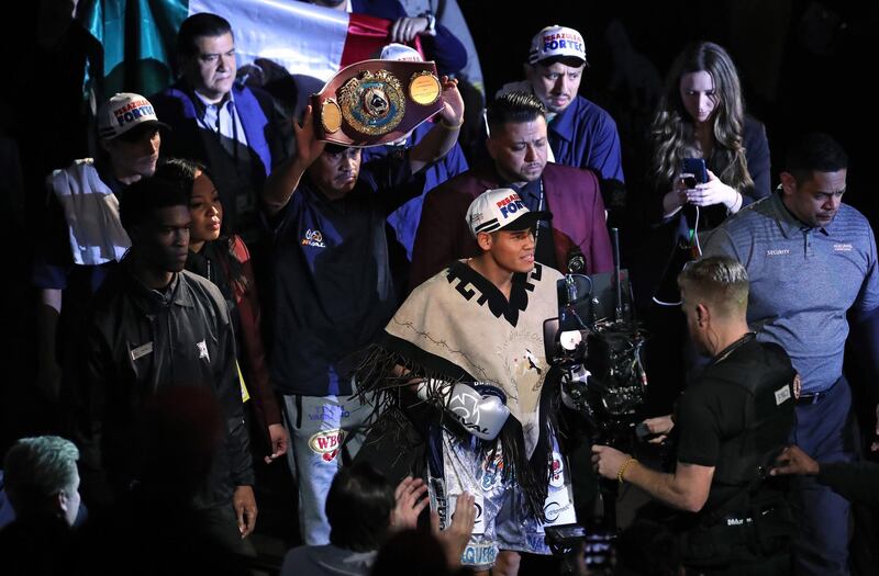 Emanuel Navarette walks to the ring for the World Boxing organisation World Super Bantam Title at the MGM Grand, Las Vegas. PA Wire.