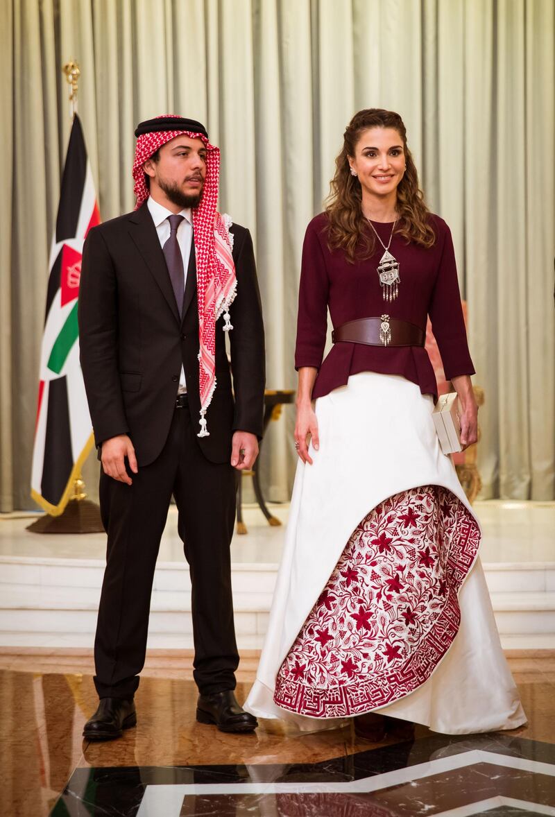 AMMAN, JORDAN - MAY 25: In this handout image provided by the Jordanian Royal Household, Queen Rania of Jordan (L) poses with Crown Prince Al Hussein bin Abdullah II of Jordan as they mark Jordan's 70th Independence Day on May 25, 2016 in Amman, Jordan. (Photo by Jordanian Royal Household via Getty Images)