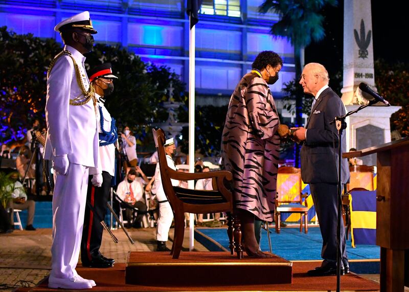 Charles, Prince of Wales receives the Order of Freedom of Barbados from the President of Barbados, Dame Sandra Mason. AFP