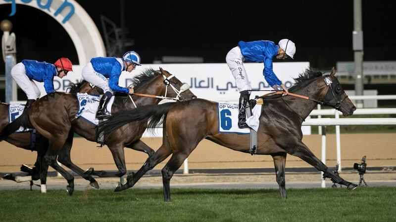 Jungle Cat is in contention in the Al Quoz Sprint. Reem Mohammed / The National