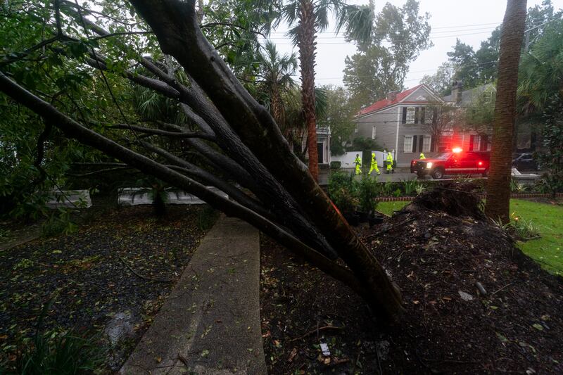 Charleston firefighters form a plan to remove a large tree across a road felled by Hurricane Ian on Friday. AP