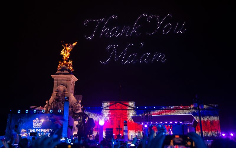 Drones form the message "Thank You Ma'am" during the Platinum Party At The Palace at Buckingham Palace in London, England. Getty Images