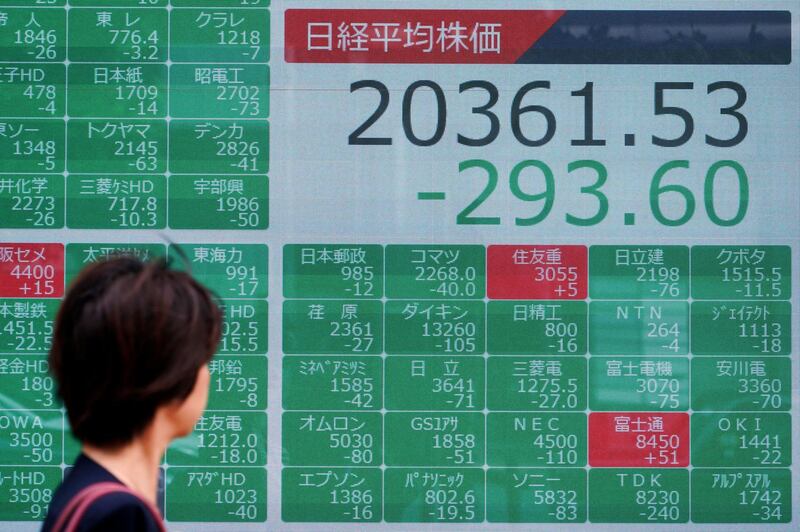 A woman walks past an electronic stock board showing Japan's Nikkei 225 index at a securities firm in Tokyo Thursday, Aug. 15, 2019. Asian stock markets followed Wall Street lower on Thursday after the Dow Jones Industrial Average plunged on mounting fears of a possible recession. (AP Photo/Eugene Hoshiko)