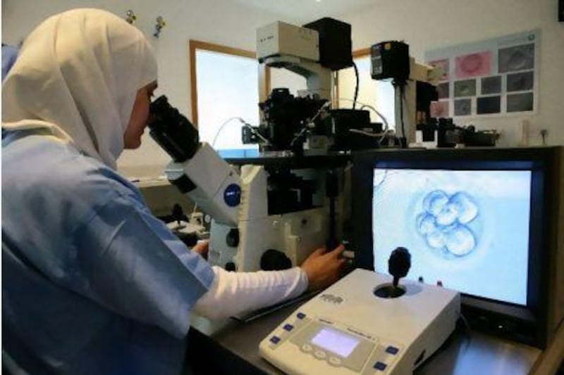 Rand Al Sharairi analyses an embryo on a Intra Cytoplasmic Sperm Injection machine at the Dubai Gynaecology & Fertility Centre. Jeffrey E Biteng / The National