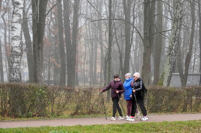 People enjoy Nordic walking in Morshyn, Ukraine. AP
