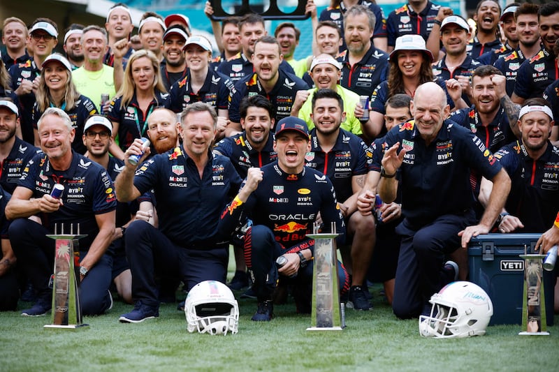Max Verstappen celebrates with the Red Bull team after his win at Miami International Autodrome. AFP