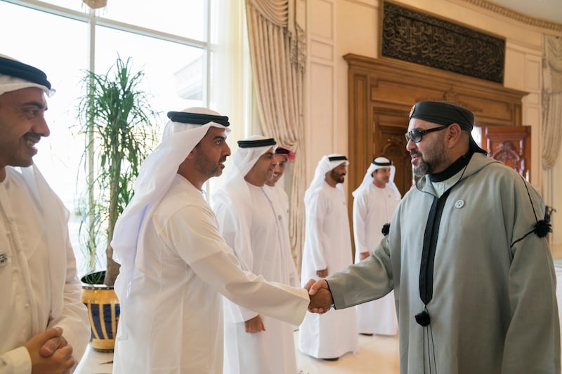 ABU DHABI, UNITED ARAB EMIRATES - September 10, 2018: HH Sheikh Hamed bin Zayed Al Nahyan, Chairman of the Crown Prince Court of Abu Dhabi and Abu Dhabi Executive Council Member (2nd L), greets HM King Mohamed VI of Morocco (R), during a Sea Palace barza. Seen with HH Sheikh Abdullah bin Zayed Al Nahyan, UAE Minister of Foreign Affairs and International Cooperation (L).

( Mohamed Al Hammadi / Crown Prince Court - Abu Dhabi )
---