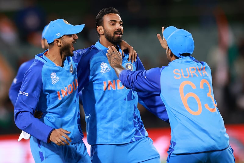 India's KL Rahul, centre, is congratulated by teammates after running out Bangladesh's Litton Das. AP