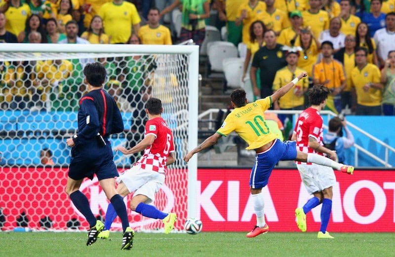 Neymar of Brazil shoots and scores the equaliser against Croatia on Thursday in the opening match of the 2014 World Cup in Sao Paulo, Brazil. Adam Pretty / Getty Images