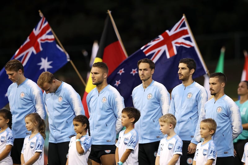 The Melbourne City players are seen during a moment silence for the victims of the Christchurch shootings before the round 22 A-League match between Sydney FC and Melbourne City at Leichhardt Oval on March 17, 2019 in Sydney, Australia. Getty Images