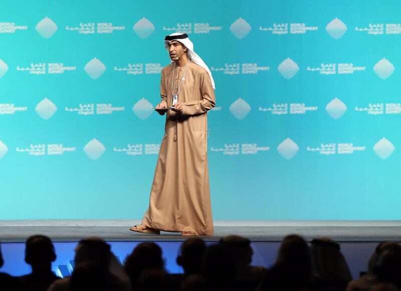 Dr Thani Ahmed Al Zeyoudi, the UAE's Minister of Climate Change and Environment speaks at the World Government Summit in Dubai. Chris Whiteoak / The National