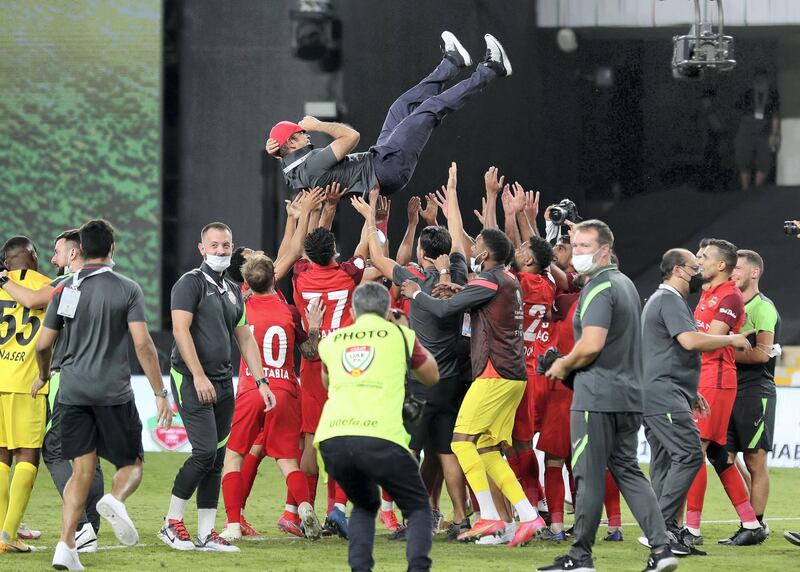 Shabab Al Ahli head coach Mahdi Ali celebrates winning the game between Shabab Al Ahli and Al Nasr in the PresidentÕs Cup final in Al Ain on May 16th, 2021. Chris Whiteoak / The National. 
Reporter: John McAuley for Sport