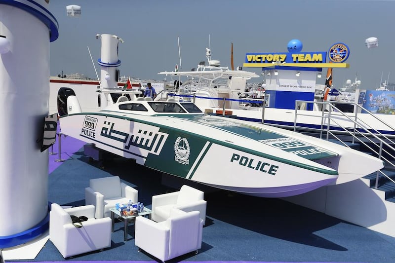 Dubai Police showcase a new police boat made by Victory Team at the 22nd Dubai International Boat Show at the Dubai International Marine Club. Sarah Dea / The National