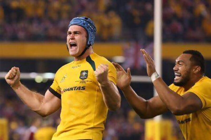 James Horwill of the Wallabies celebrates winning game two of the Test series against the Lions.