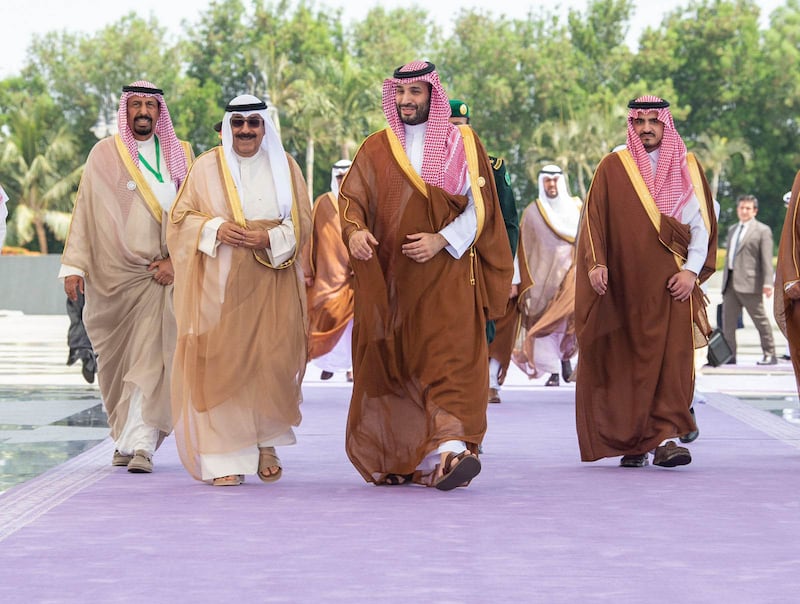 Saudi Arabia's Crown Prince Mohammed bin Salman receives Sheikh Mishal Al Sabah, Crown Prince of Kuwait, before the   GCC + 3 Jeddah Security and Development Summit on Saturday. SPA