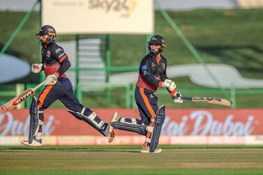 Maratha Arabians opener Abdul Shakoor, right, smashed a 28-ball 73 in their win over Northern Warriors in the opening game of the 2021 Abu Dhabi T10. Courtesy Abu Dhabi T10