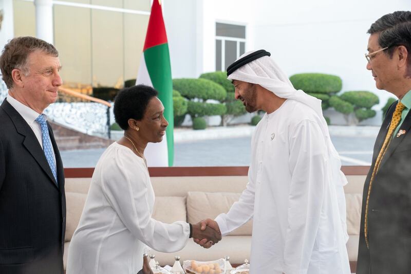 ABU DHABI, UNITED ARAB EMIRATES - March 18, 2019: HH Sheikh Mohamed bin Zayed Al Nahyan, Crown Prince of Abu Dhabi and Deputy Supreme Commander of the UAE Armed Forces (2nd R) greets a member of the Special Olympics Higher Committee, during a Sea Palace barza. 

( Ryan Carter / Ministry of Presidential Affairs )?
---