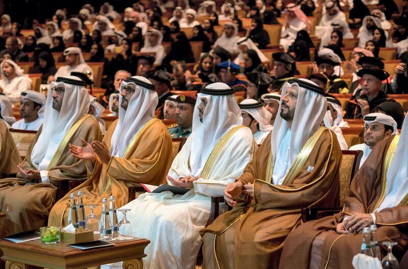 ABU DHABI, UNITED ARAB EMIRATES - October 20, 2019: (L-R) HE Dr Sultan Ahmed Al Jaber, UAE Minister of State, Chairman of Masdar and CEO of ADNOC Group, HE Hussain Ibrahim Al Hammadi, UAE Minister of Education, HH Sheikh Theyab bin Mohamed bin Zayed Al Nahyan, Abu Dhabi Executive Council member and Chairman of the abu Dhabi Crown Prince Court (CPC) and Dr. Arif Sultan Al Hammadi, Executive Vice President of Khalifa University, attend the Khalifa University Graduation Ceremony, at Emirates Palace.

( Hamad Al Kaabi / Ministry of Presidential Affairs )​
---