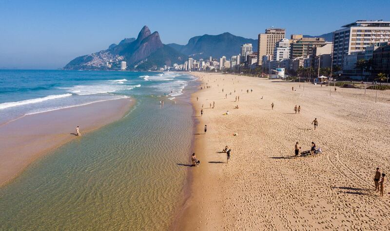 RIO DE JANEIRO, BRAZIL - JULY 05: An aerial view at Ipanema beach amidst the coronavirus (COVID-19) pandemic on July 5, 2020 in Rio de Janeiro, Brazil. The practice of physical activities on boardwalks and individual sports at sea is allowed. However, the use of chairs and tents on the sand is still prohibited. (Photo by Buda Mendes/Getty Images)