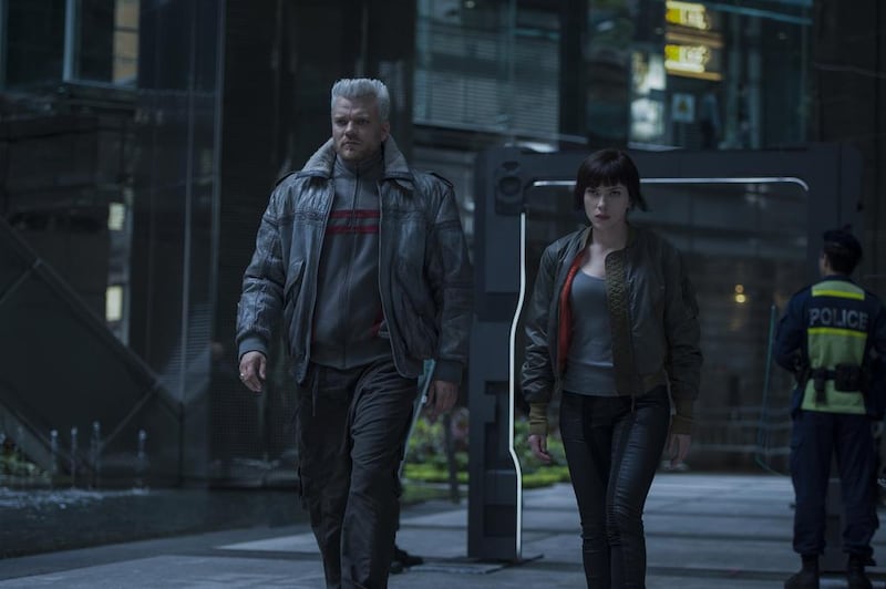 Scarlett Johansson and Pilou Asbaek in Ghost in the Shell. Courtesy Paramount Pictures and Storyteller Distribution Co