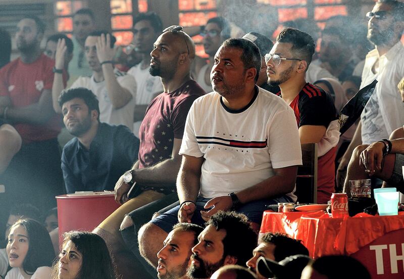 Dubai, June, 15, 2018:  Egyptian fans  watch their team play against  Uruguay in the World Cup in Dubai. Satish Kumar for the National