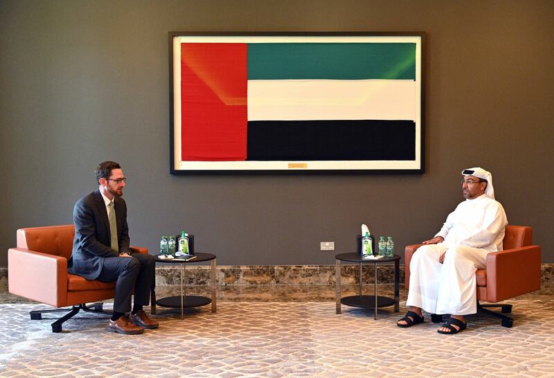 Ahmed Al Sayegh, UAE Minister of State, with Thomas West, US special representative for Afghanistan, in Abu Dhabi on Monday. Wam