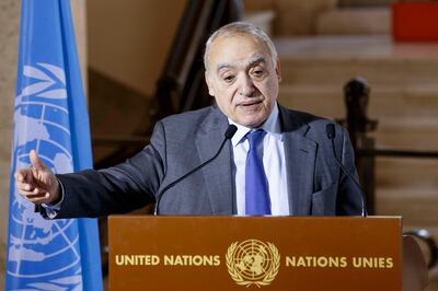 Ghassan Salame, Special Representative of the United Nations Secretary-General and Head of the United Nations Support Mission in Libya, talks at the European headquarters of the United Nations in Geneva, Switzerland, Tuesday, Feb. 18, 2020. The United Nations says Libyaâ€™s warring sides have resumed talks in Geneva aimed at salvaging a fragile cease-fire in the North African country. The current cease-fire was brokered by Russia and Turkey on Jan. 12, but there have been repeated violations by all sides.  (Salvatore Di Nolfi/Keystone via AP)