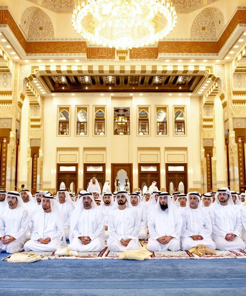 Sheikh Mohammed bin Rashid, members of the Royal Family and other dignitaries perform Eid Al Fitr prayer in Dubai.