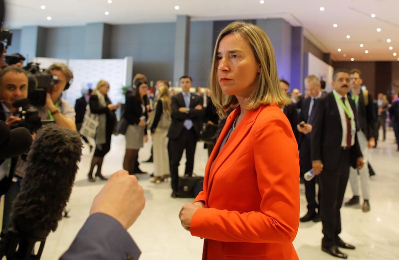 European Union foreign policy chief Federica Mogherini speaks to the media.  EPA