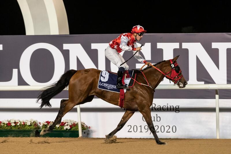 DUBAI, UNITED ARAB EMIRATES. 09 JANUARY 2020. Horse Racing. 8th Race Meeting at Meydan Racecourse. Race 1: Purebred Arabians, winner Nr 9, RB Money To Burn, (US) 5 years old ridden by Fabrice Veron and trained by Eric Lemartinel. (Photo: Antonie Robertson/The National) Journalist: Amith Passela. Section: Sport.

