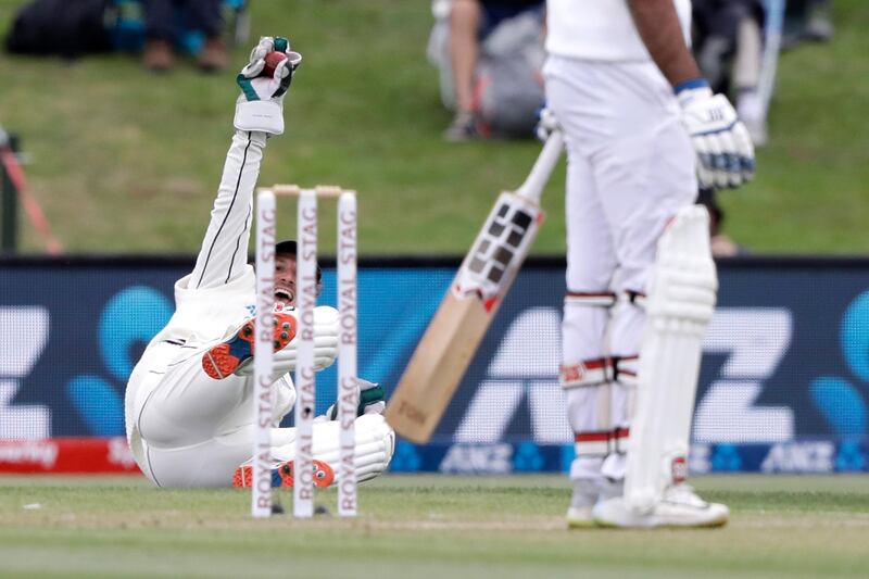 New Zealand's BJ Watling takes a catch to dismiss India's Hanuma Vihari in Christchurch on Monday. AP