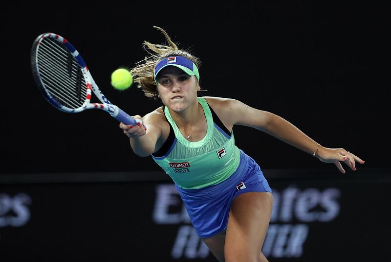 MELBOURNE, AUSTRALIA - FEBRUARY 01: Sofia Kenin of the United States plays a forehand during her Women's SinglesÂ Final match against Garbine Muguruza of Spain on day thirteen of the 2020 Australian Open at Melbourne Park on February 01, 2020 in Melbourne, Australia. (Photo by Clive Brunskill/Getty Images)