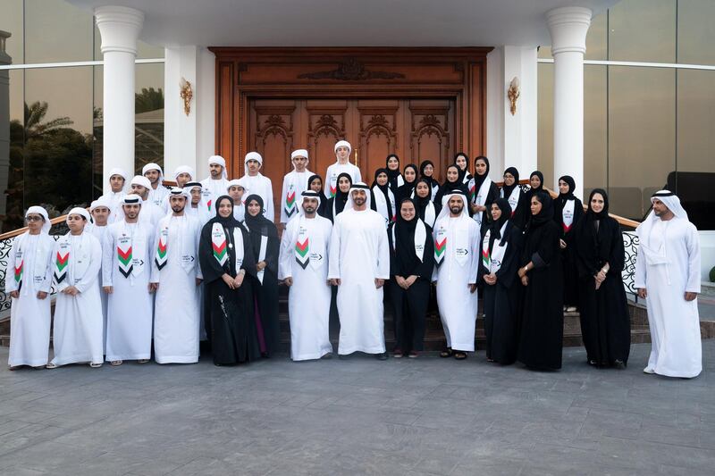 ABU DHABI, UNITED ARAB EMIRATES - December 16, 2019: HH Sheikh Mohamed bin Zayed Al Nahyan, Crown Prince of Abu Dhabi and Deputy Supreme Commander of the UAE Armed Forces (front row 8th L), stands for a photograph with members of 'Journey of the Union' initiative, during a Sea Palace barza.

( Ryan Carter for the Ministry of Presidential Affairs )
---