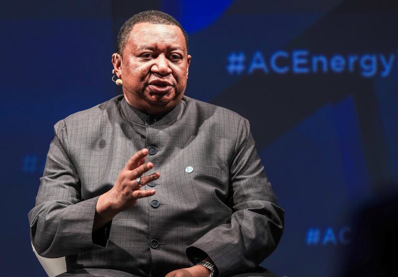 Abu Dhabi, U.A.E., Janualry 13, 2019.  
LOOKING AHEAD: THE FUTURE OF THE VIENNA ALLIANCE:  
 H.E. Mohammed Barkindo, Secretary General, Organization of the Petroleum Exporting Countries during the forum.
Victor Besa / The National
Section:  BZ
Reporter:  Dania Saadi and Jennifer Gnana