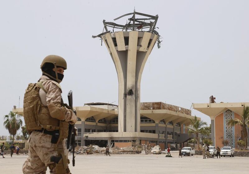 A Saudi soldier stands guard at the international airport of Yemen's southern port city of Aden on July 24, 2015. Faisal Al Nasser/Reuters
