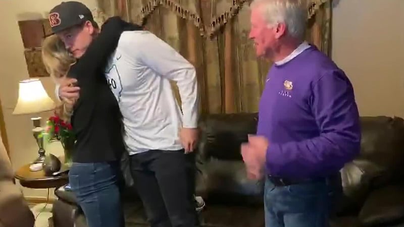 LSU quarterback Joe Burrow celebrates, in Athens, Ohio, after being chosen first by the Cincinnati Bengals during the NFL draft on Thursday. NFL / AP