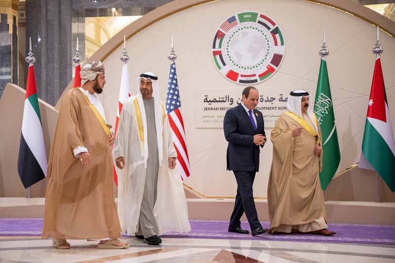Sheikh Mohamed at the summit with Asa'ad bin Tariq Al Said, Deputy Prime Minister of Oman and Special Representative of the Sultan, President Abdel Fattah El Sisi of Egypt, second right, and King Hamad of Bahrain, right.

