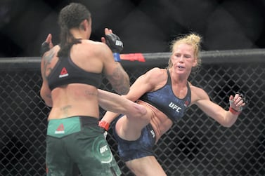 Holly Holm moves in for a kick as Raquel Pennington defends during UFC 246 at T-Mobile Arena in January, 2020. USA Today