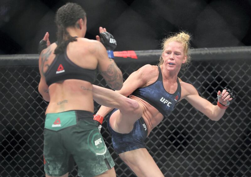 January 18, 2020; Las Vegas, Nevada, USA; Holly Holm moves in for a kick as Raquel Pennington defends during UFC 246 at T-Mobile Arena. Mandatory Credit: Mark J. Rebilas-USA TODAY Sports