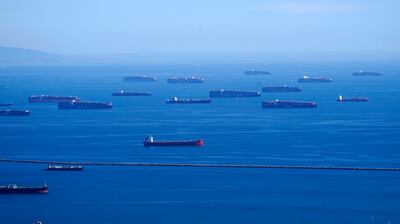 Cargo ships lined up outside the Port of Los Angeles. Maritime nations are finalising a plan to slash emissions from the shipping industry. AP