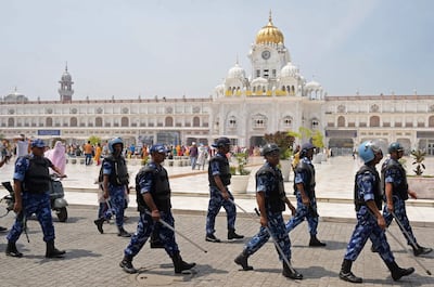 Indian Rapid Action Force personnel patrol ahead of Operation Blue Star anniversary outside the Golden Temple in Amritsar on June 4. AFP